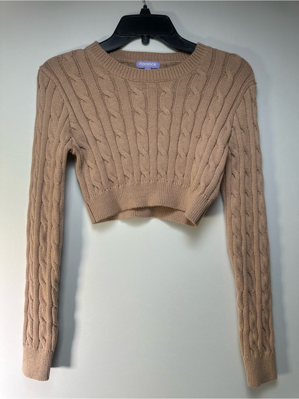 Florence Cropped Cable-Knit Crew Sweater in Camel